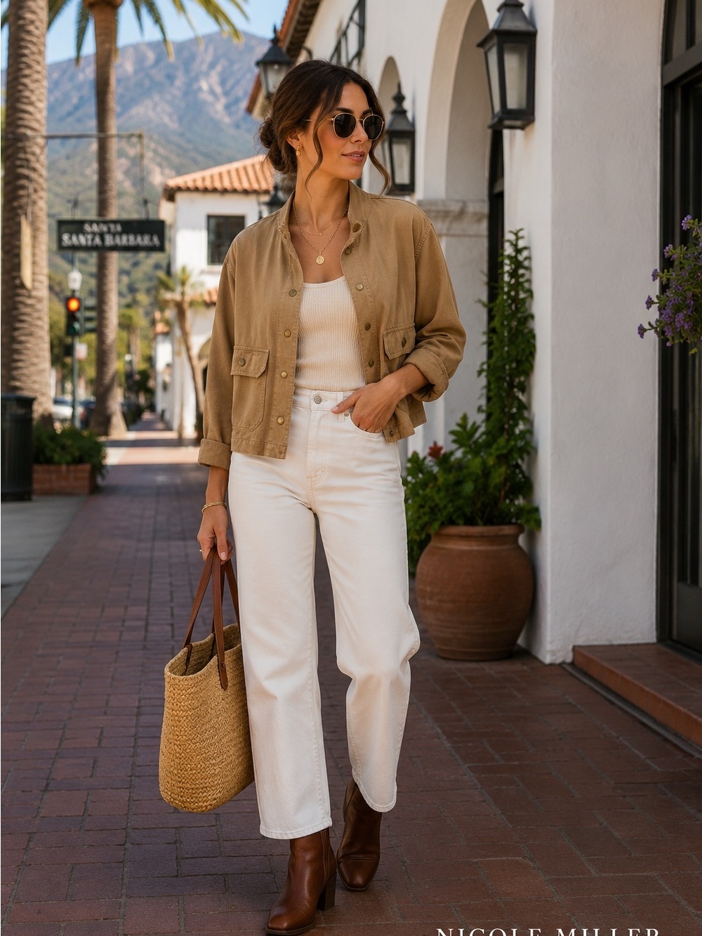 Nicole Miller Distressed Utility Jacket Tan Cotton Blend Snap Front Safari